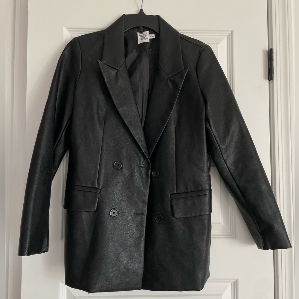 Princess Polly Faux Leather Black Blazer Jacket Size S/M